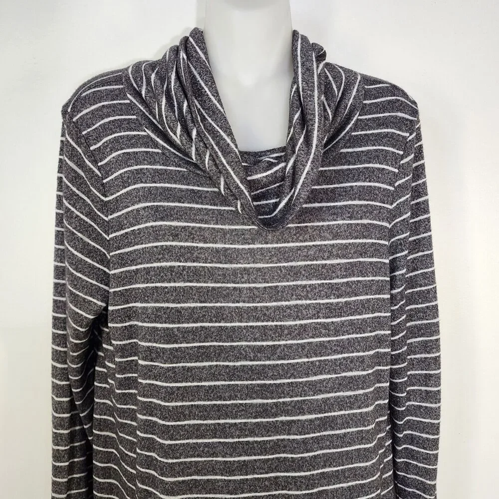 Chicos Tunic Top Womens Size 1 Medium Gray Striped Cowl Neck Long Sleeve Rayon